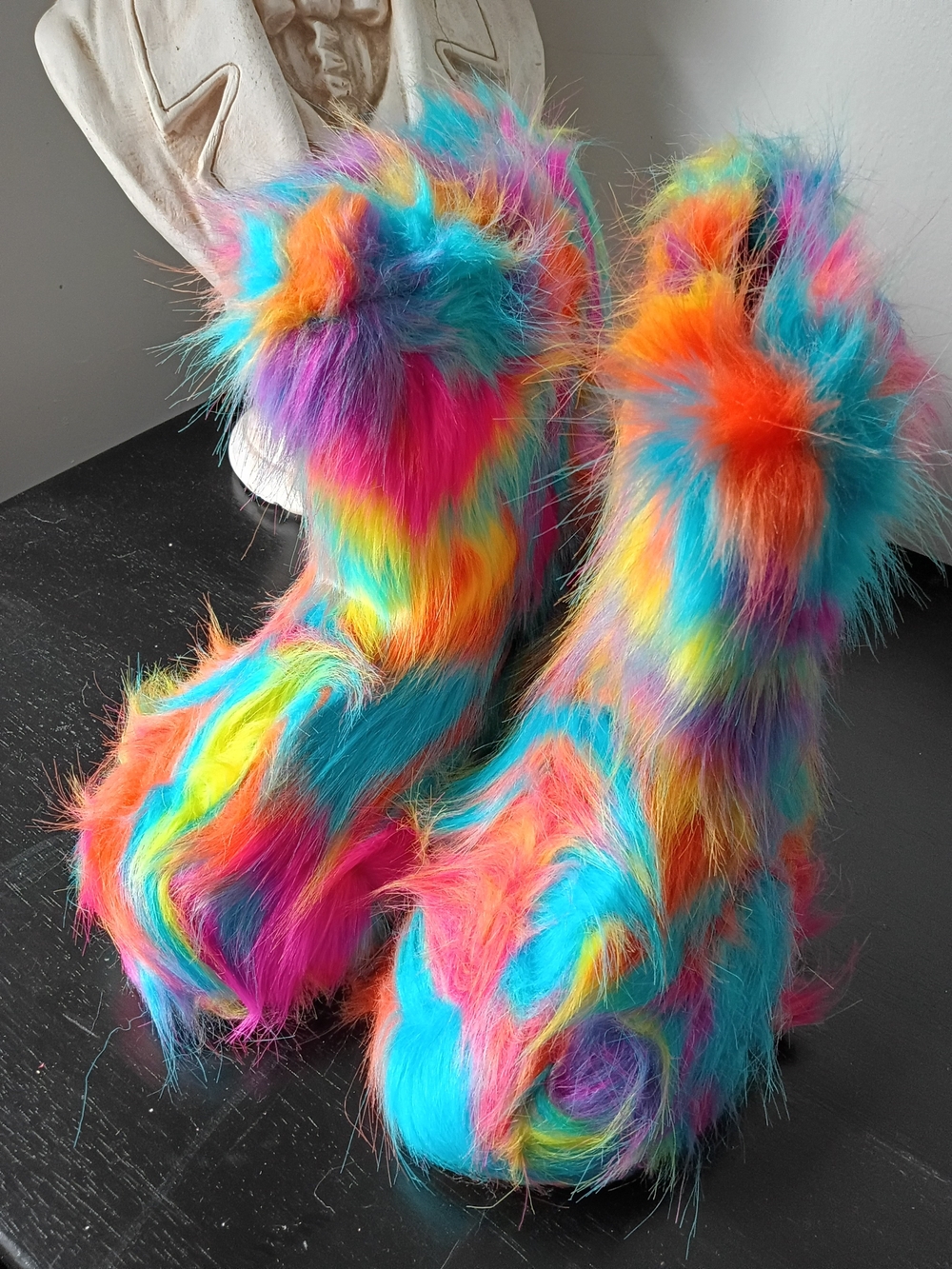 Bright Multicolor Faux Fur Ankle Booties - Rainbow Statement Booties